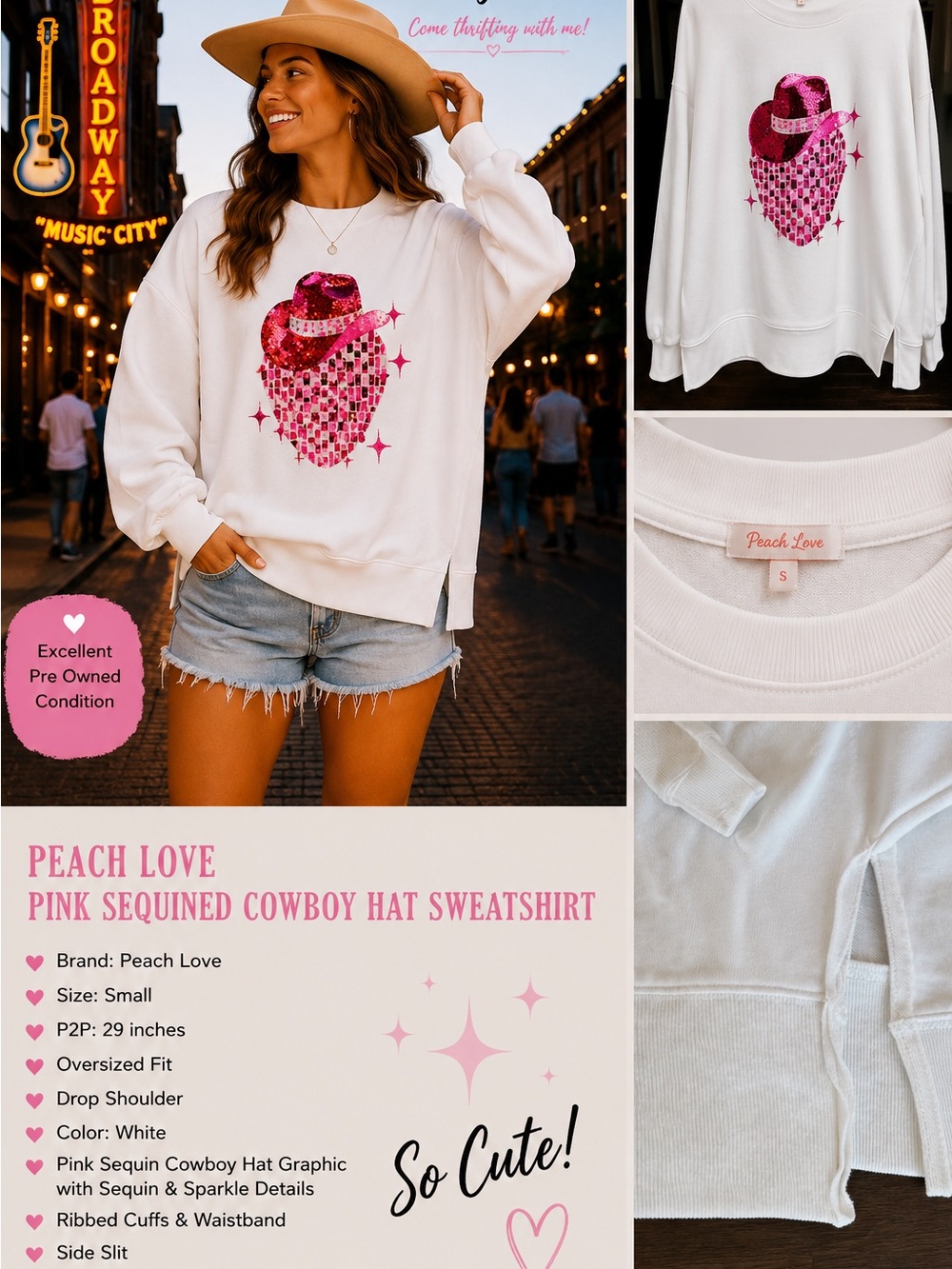 Peach Love California White Sweatshirt with Pink Sequin Cowboy Hat Graphic Smal